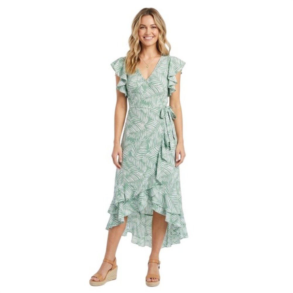 Green White Tropical Palm Leaf Print High Low Ruffle Wrap Dress Flutter‎ Sleeve